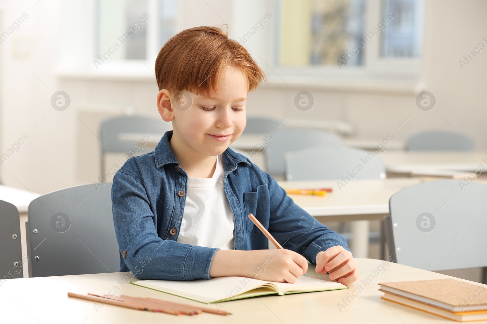 Photo of Portrait of cute little boy studying in classroom at school