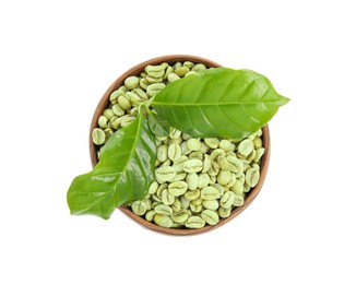 Photo of Wooden bowl with green coffee beans and fresh leaves on white background, top view
