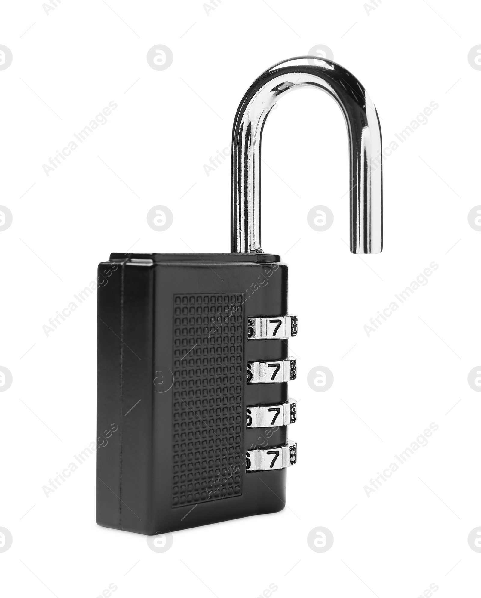 Photo of Unlocked steel combination padlock isolated on white