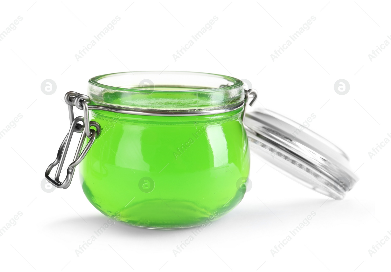 Photo of Tasty colorful jelly in glass jar on white background