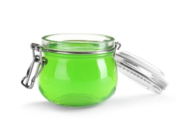 Photo of Tasty colorful jelly in glass jar on white background