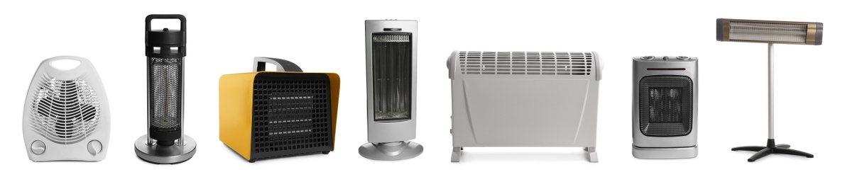 Image of Different modern electric heaters on white background, collage. Banner design