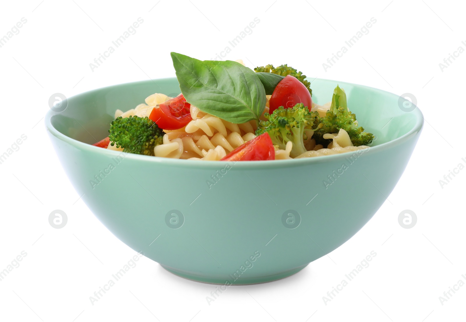 Photo of Tasty pasta with broccoli, cherry tomatoes and basil isolated on white