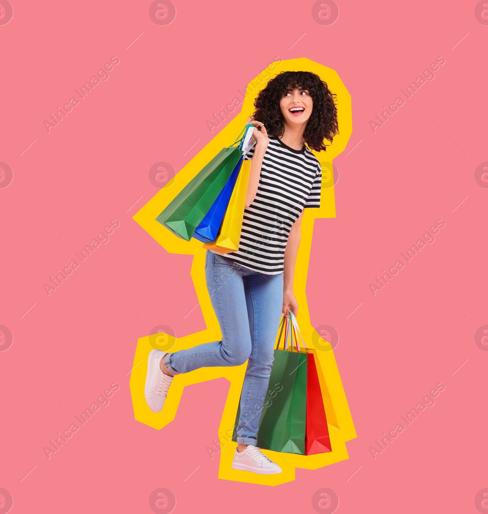 Image of Happy woman with shopping bags on pink background