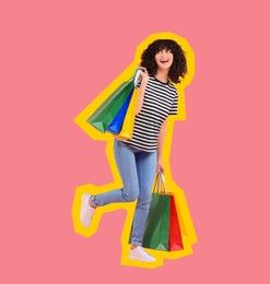 Happy woman with shopping bags on pink background
