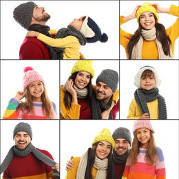 Image of Collage with photos of people wearing warm clothes on white background. Winter vacation