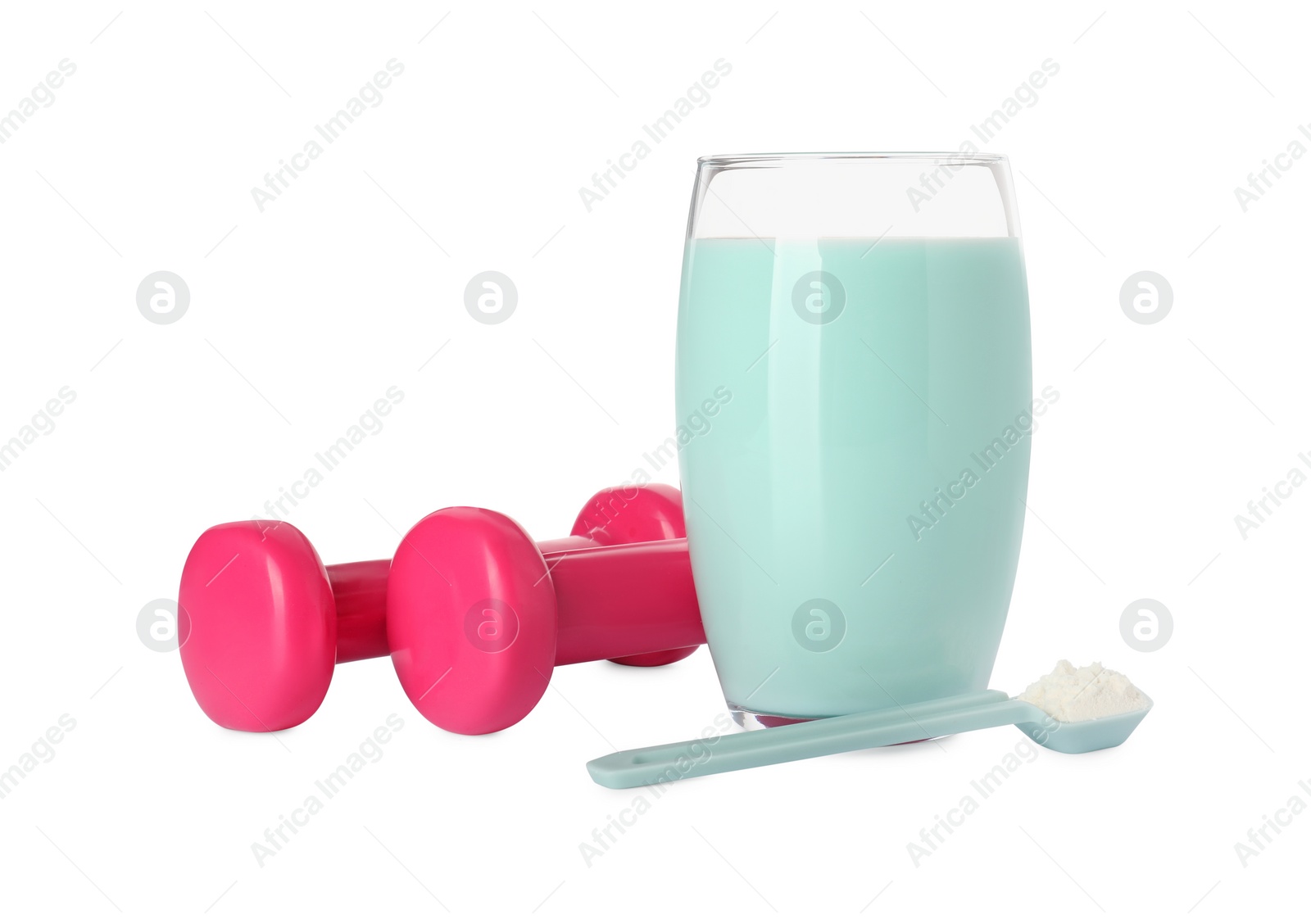 Photo of Tasty shake, dumbbells and powder isolated on white. Weight loss