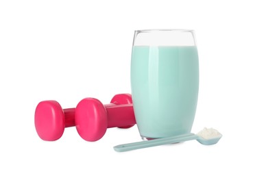 Tasty shake, dumbbells and powder isolated on white. Weight loss