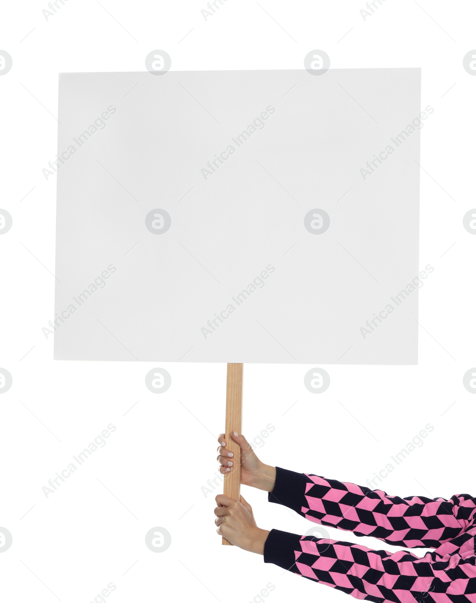 Photo of Woman holding blank sign on white background, closeup