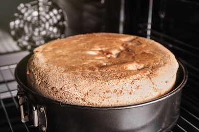 Delicious fresh homemade cake in oven, closeup