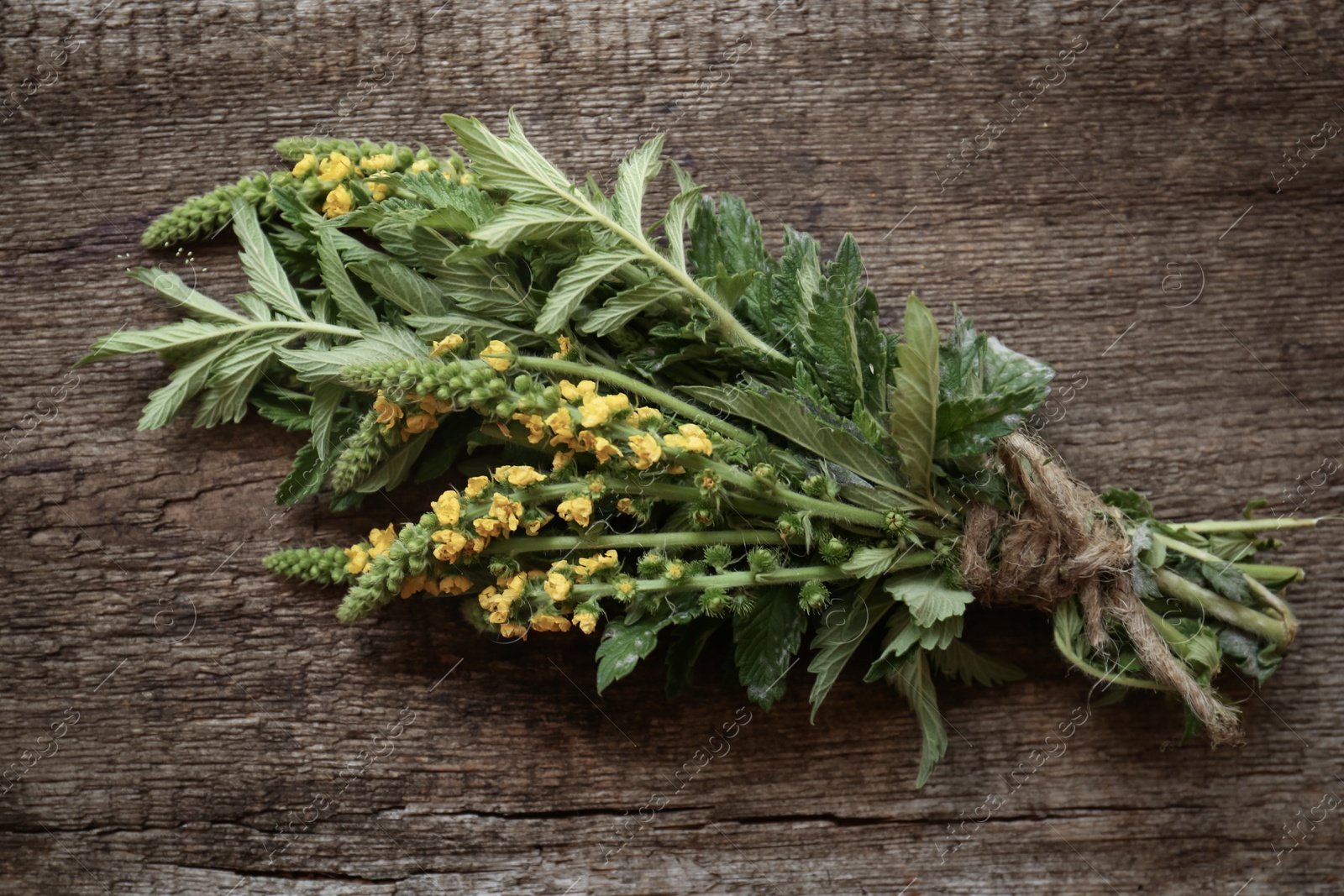 Photo of Bunch of beautiful agrimony on wooden table, top view