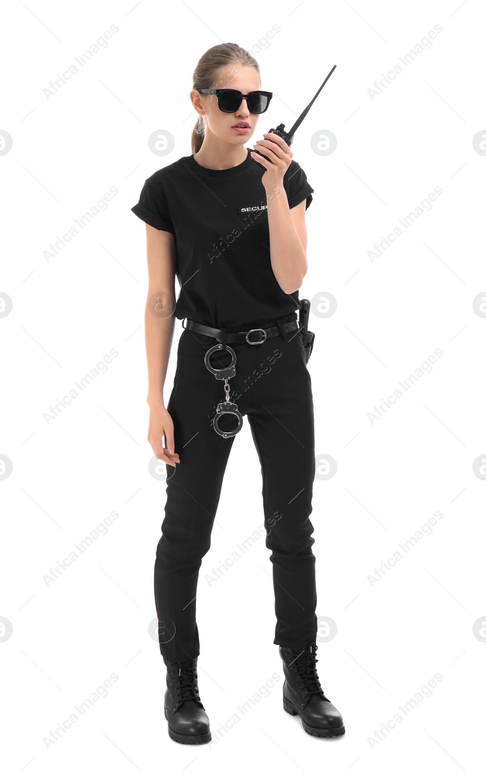 Photo of Female security guard using portable radio transmitter on white background