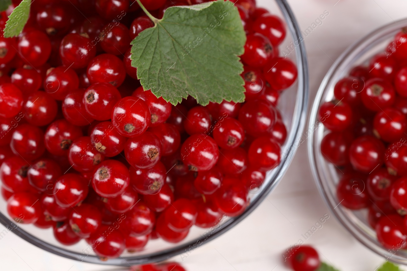 Photo of Many ripe red currants and leaves on white table, closeup