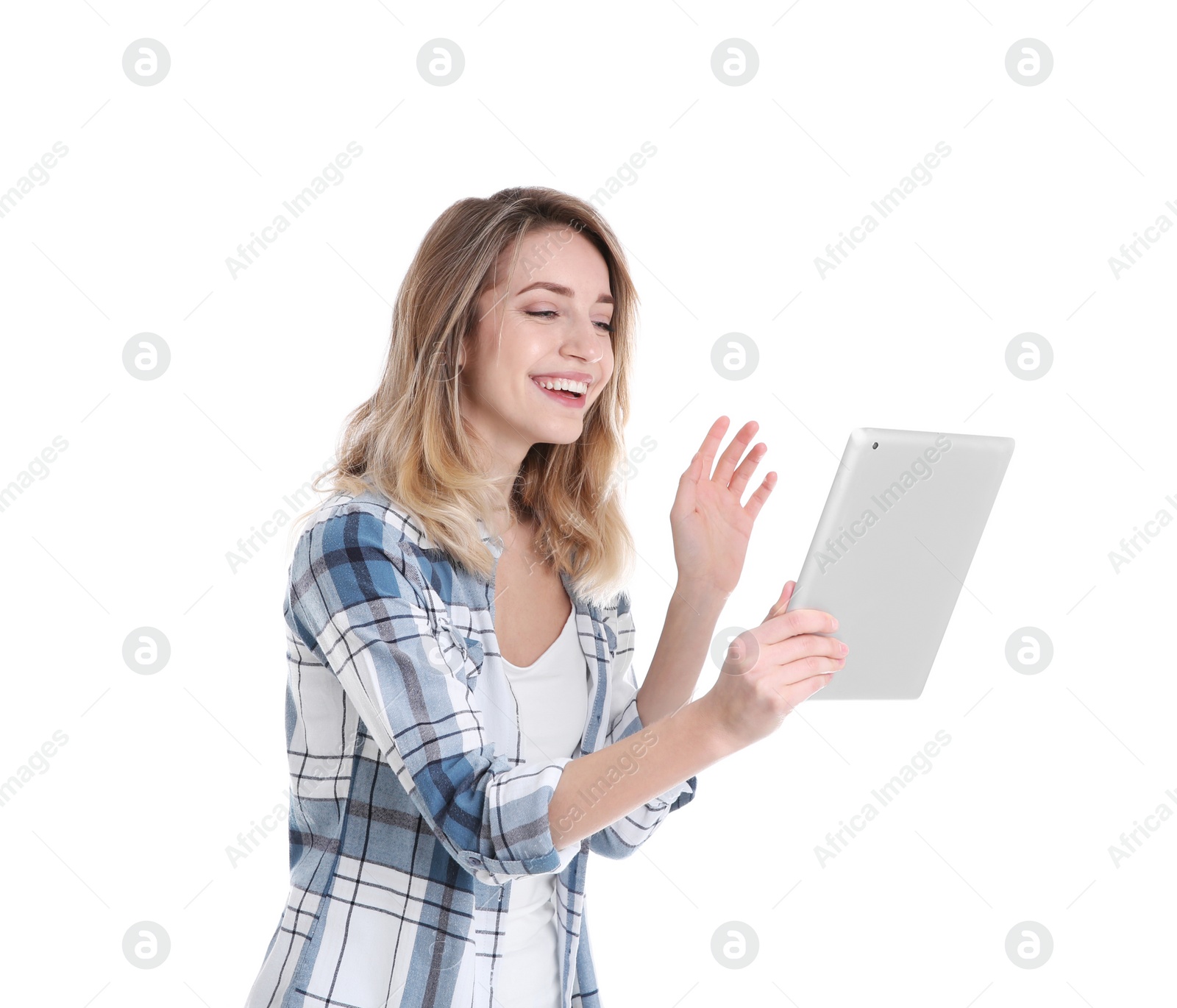 Photo of Woman using tablet for video chat isolated on white