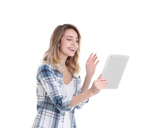 Photo of Woman using tablet for video chat isolated on white