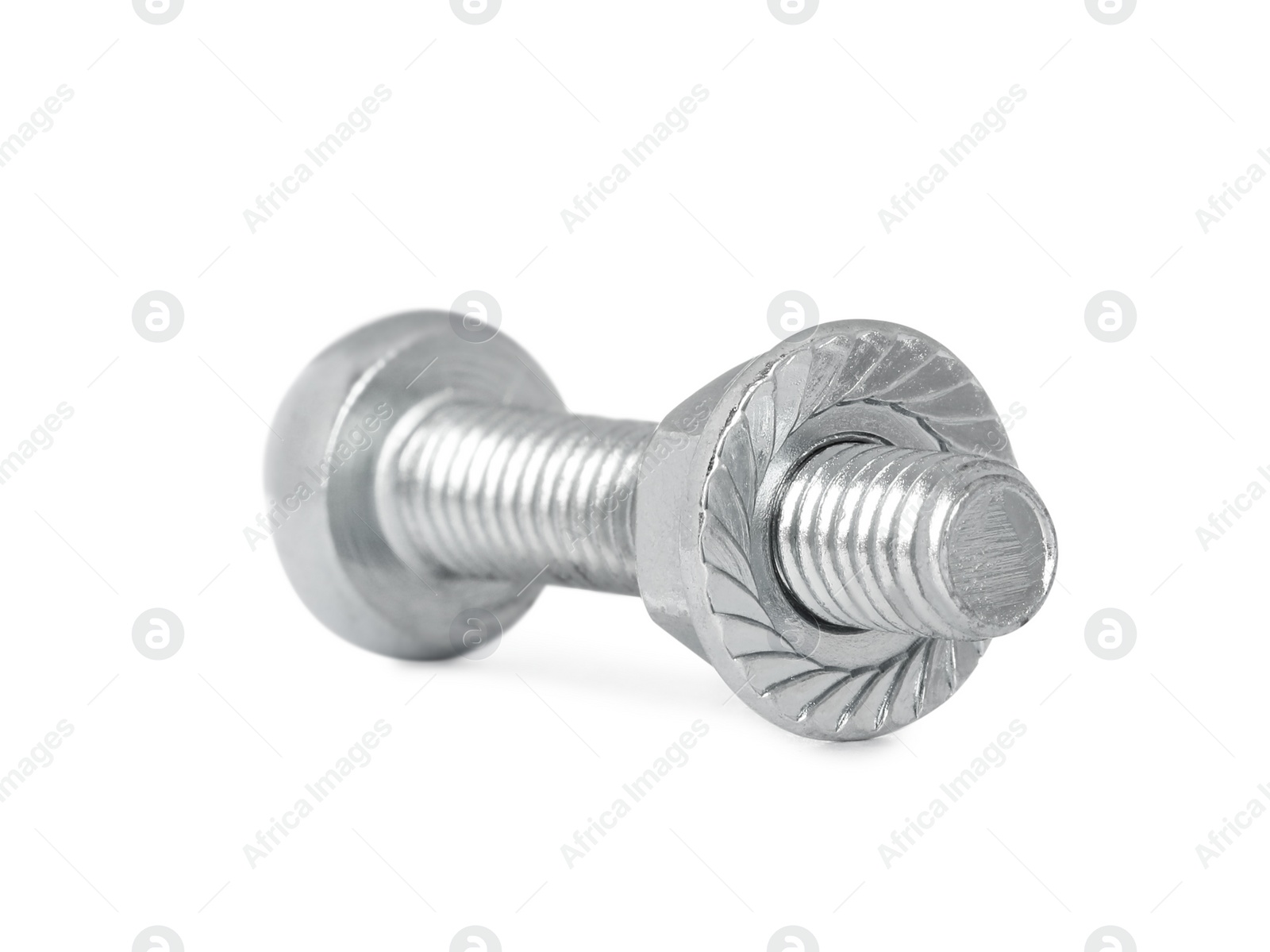 Photo of Metal carriage bolt with flange nut isolated on white