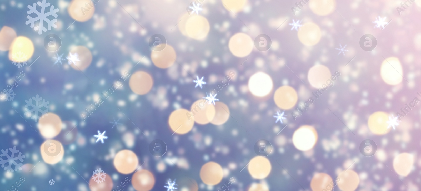 Image of Abstract background with snowflakes and blurred lights, banner design