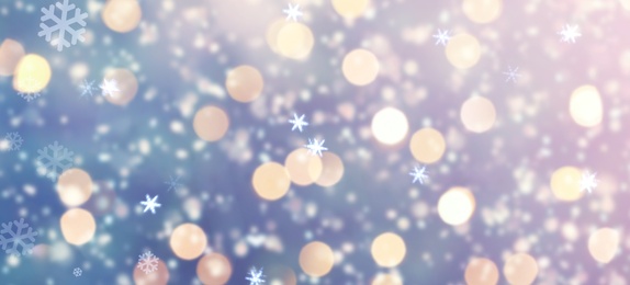 Image of Abstract background with snowflakes and blurred lights, banner design