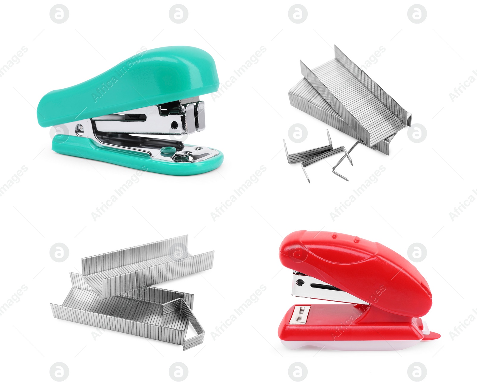 Image of Different colorful staplers and fasteners isolated on white, collection