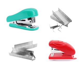 Image of Different colorful staplers and fasteners isolated on white, collection