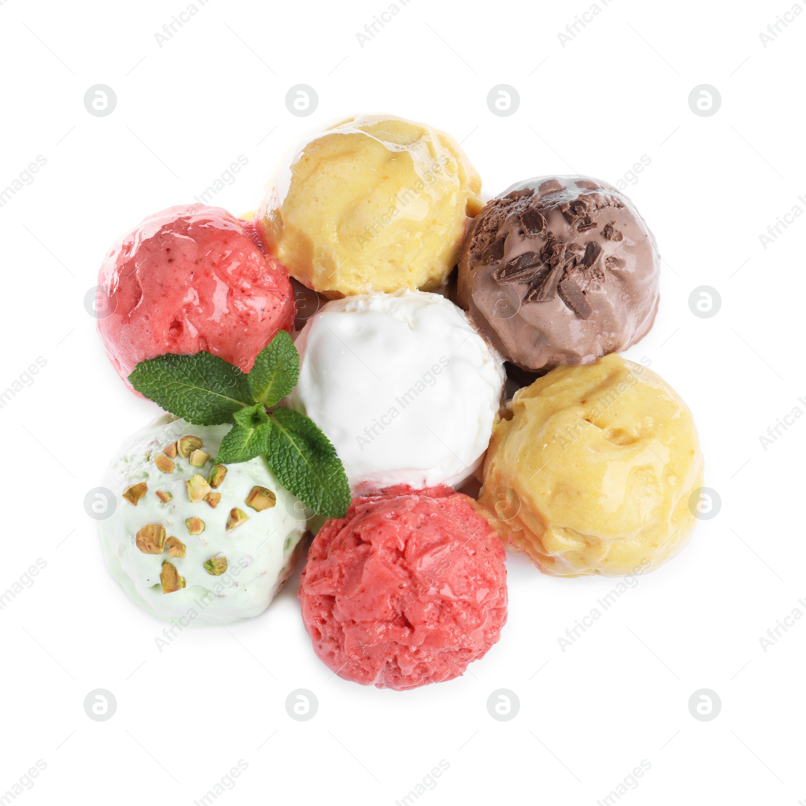 Photo of Scoops of different ice creams and mint on white background, top view