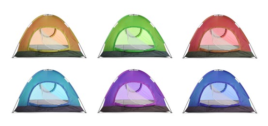 Image of Set with different colorful camping tents on white background. Banner design