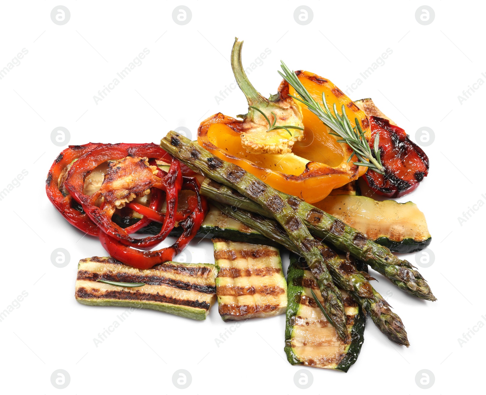 Photo of Different delicious grilled vegetables isolated on white