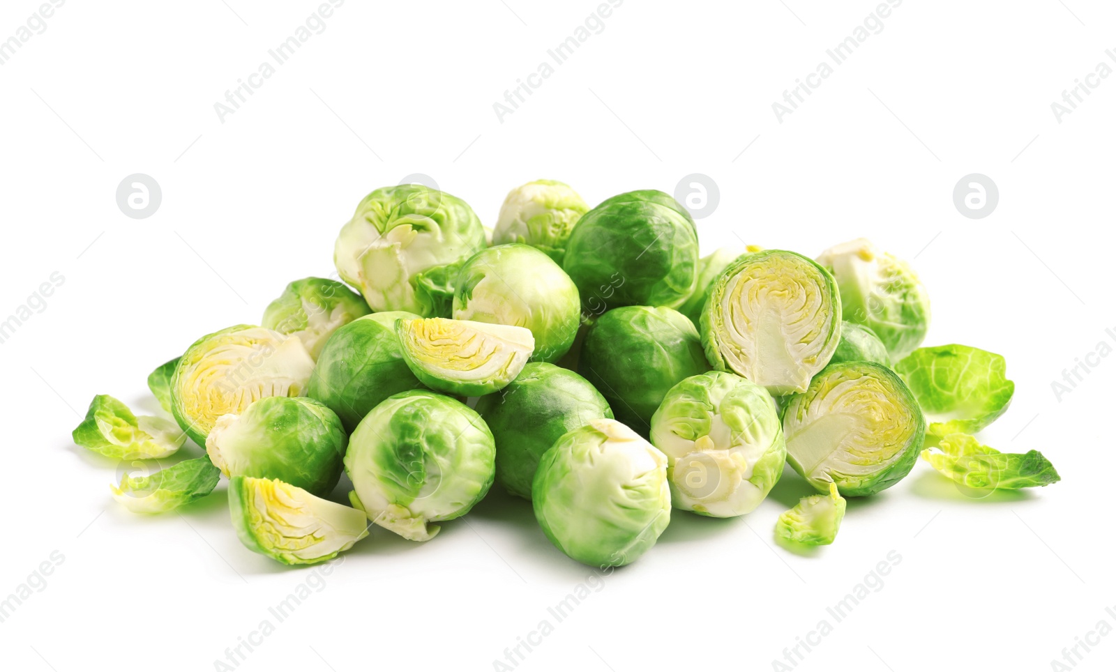 Photo of Pile of fresh Brussels sprouts on white background