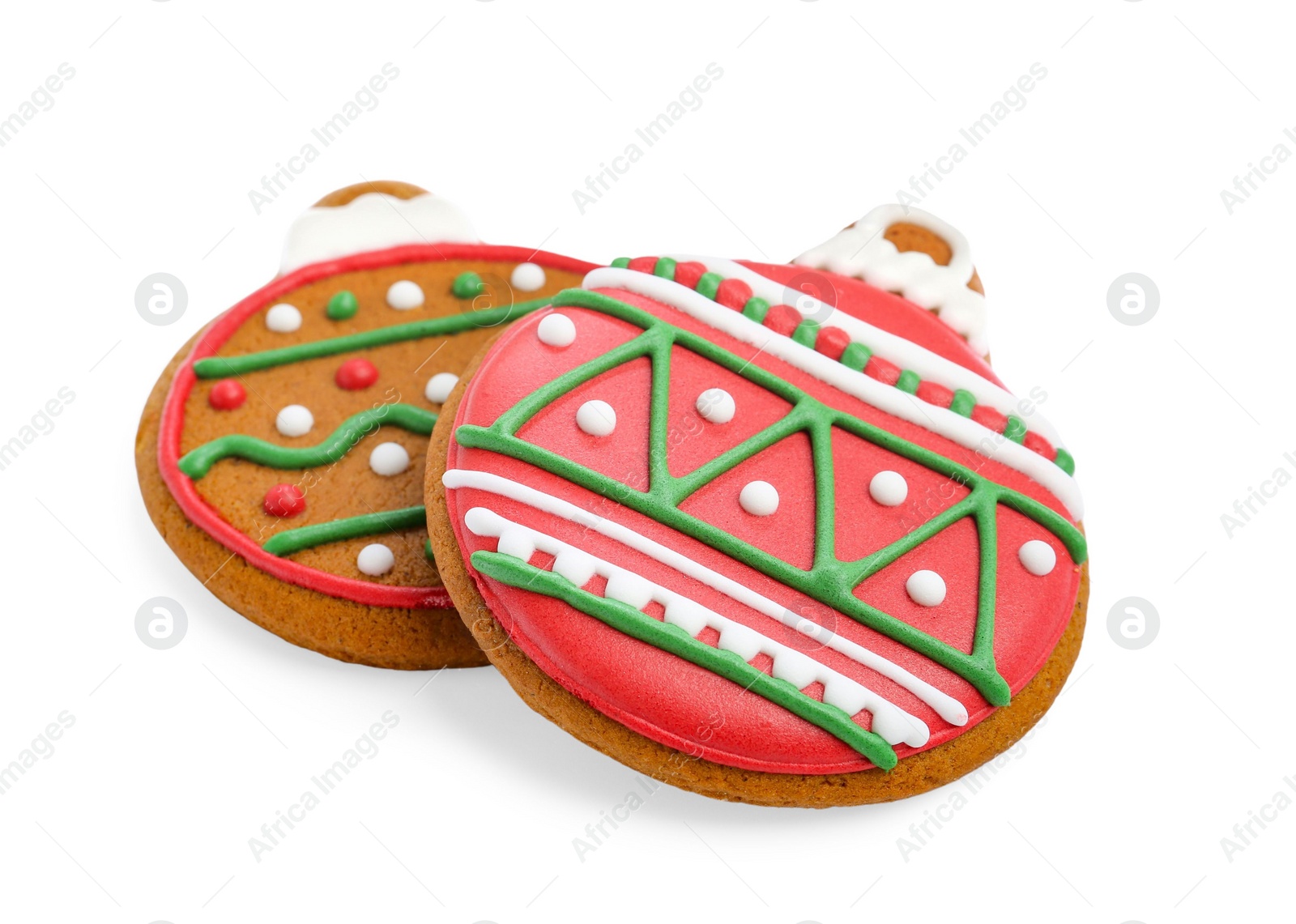 Photo of Tasty cookies in shape of Christmas balls isolated on white