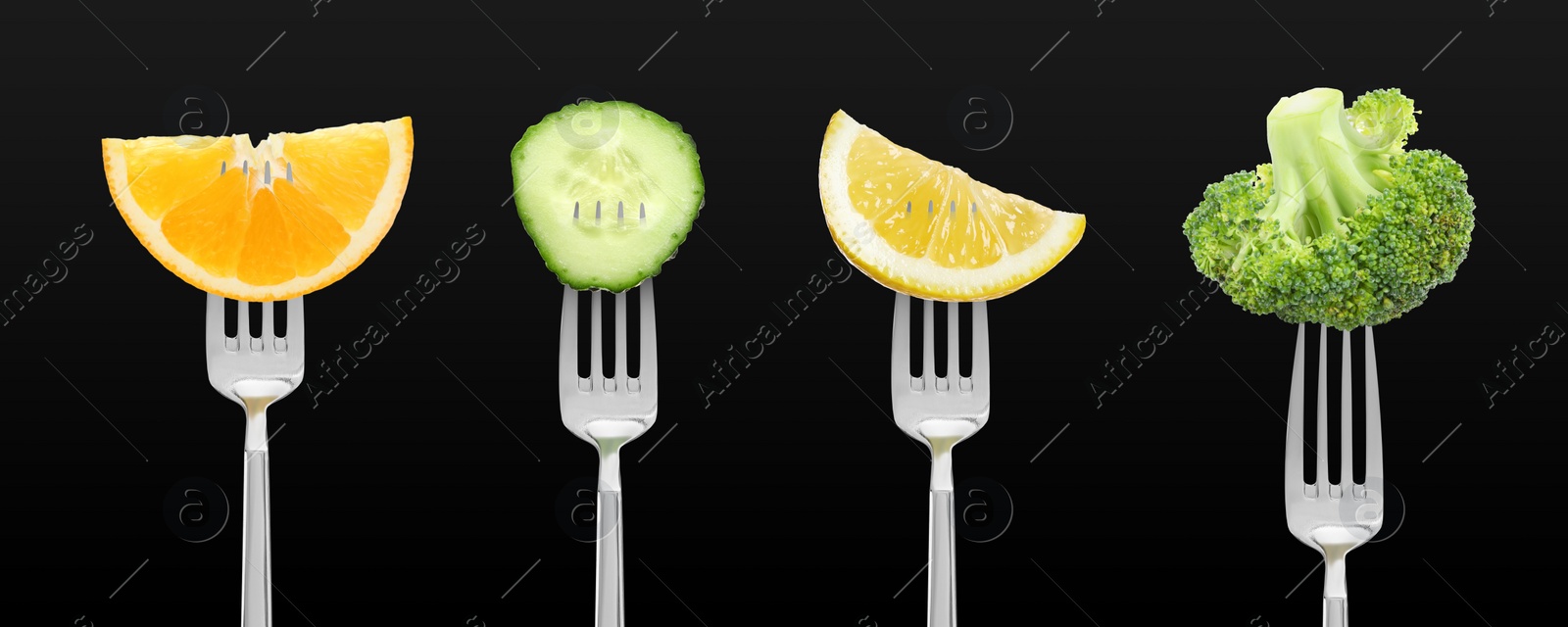 Image of Forks with different food products on black background, collection