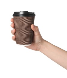 Woman holding paper cup of tasty drink on white background. Coffee to go