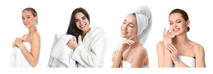 Beautiful women with towels on white background, collage. Banner design