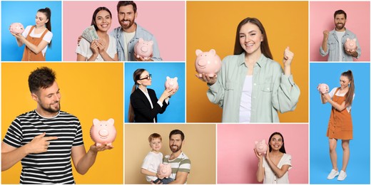 Collage with photos of people holding ceramic piggy banks on different color backgrounds. Banner design