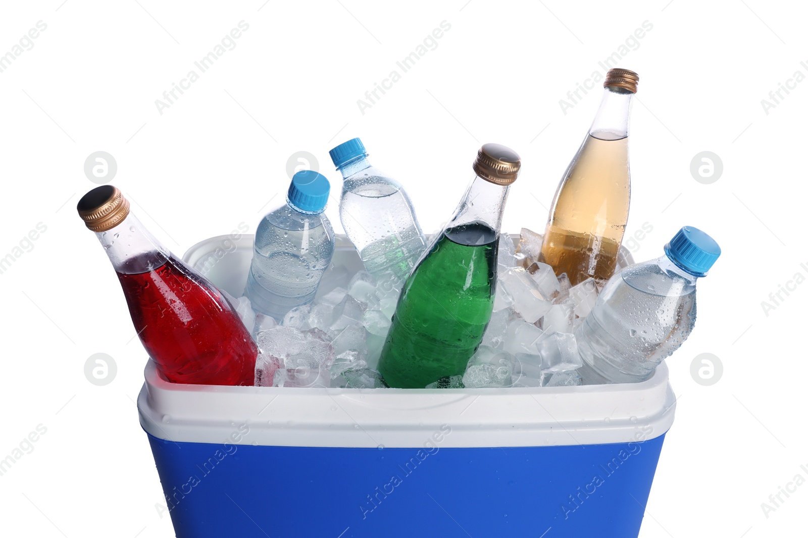 Photo of Blue plastic cool box with ice cubes and refreshing drinks on white background