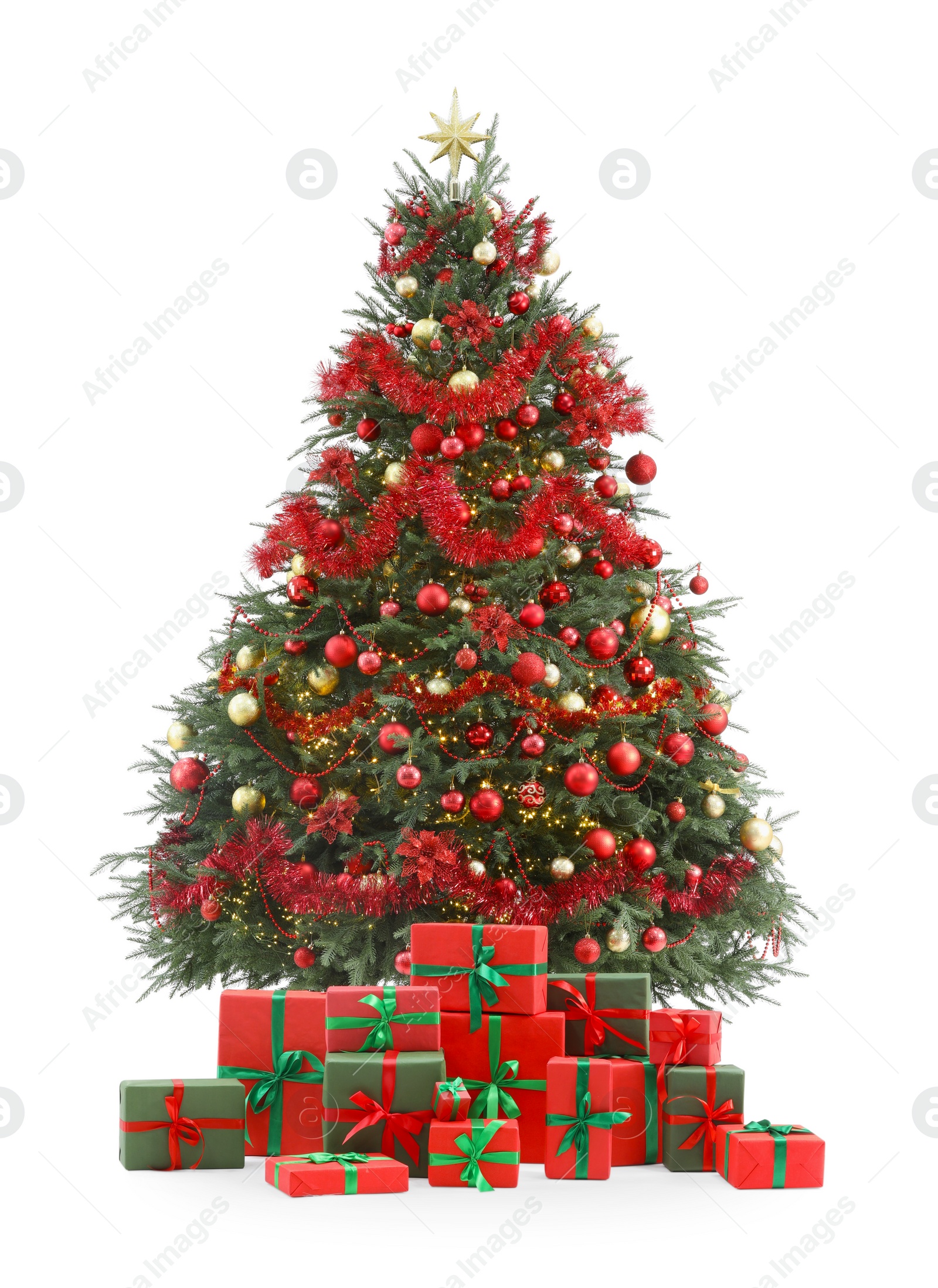 Photo of Beautiful decorated Christmas tree and gift boxes isolated on white