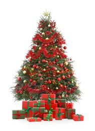 Beautiful decorated Christmas tree and gift boxes isolated on white