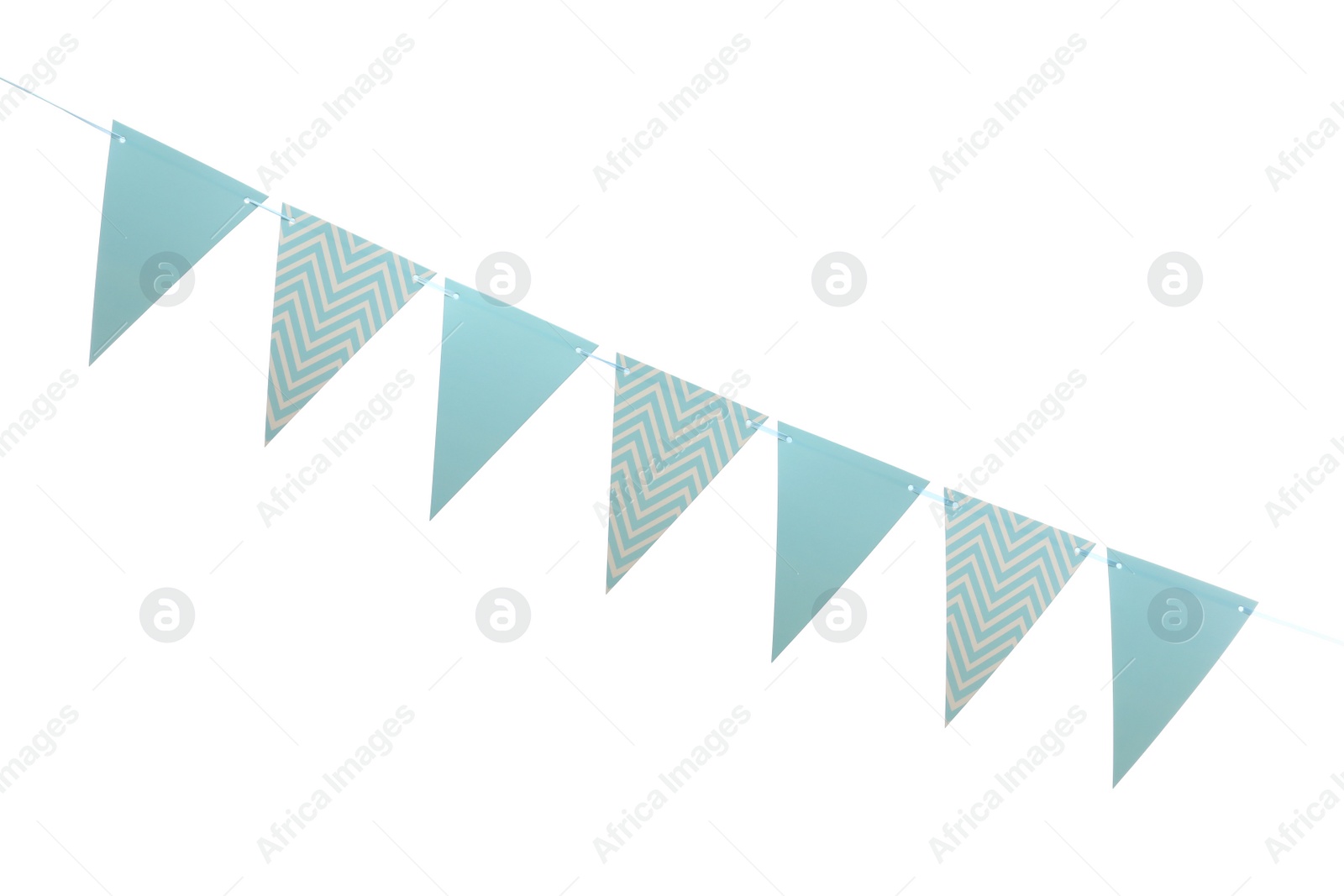 Photo of Triangular bunting flags on white background. Festive decor