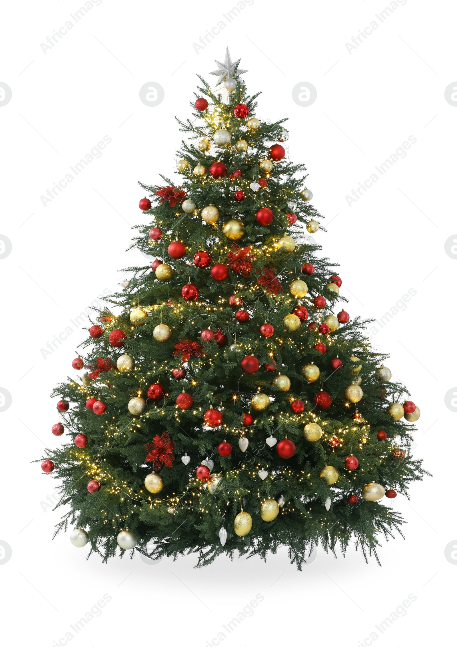 Photo of Beautiful Christmas tree decorated with festive lights and ornaments isolated on white