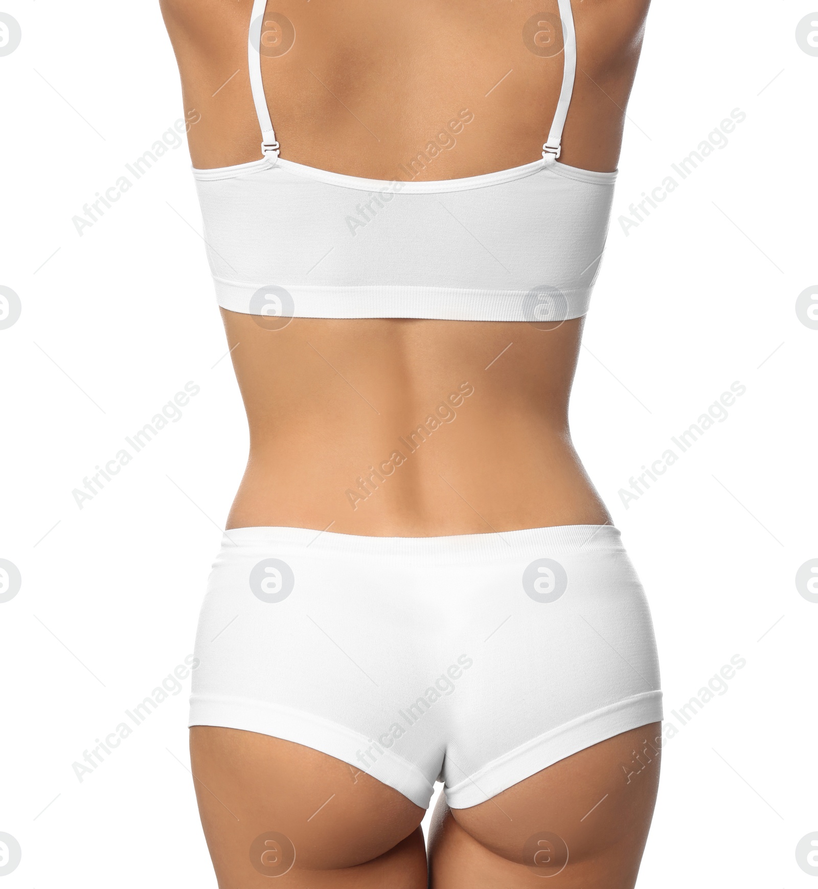 Photo of Young woman with slim body isolated on white, closeup. Plastic surgery concept