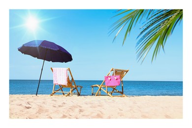 Image of Paper photo. Wooden sunbeds and beach accessories on sandy shore