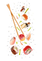 Image of Nigiri sushi and rolls and wooden chopsticks flying on white background