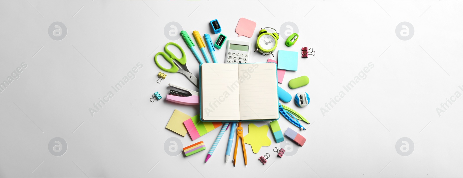 Image of Blank notebook and school stationery on white background, flat lay. Banner design