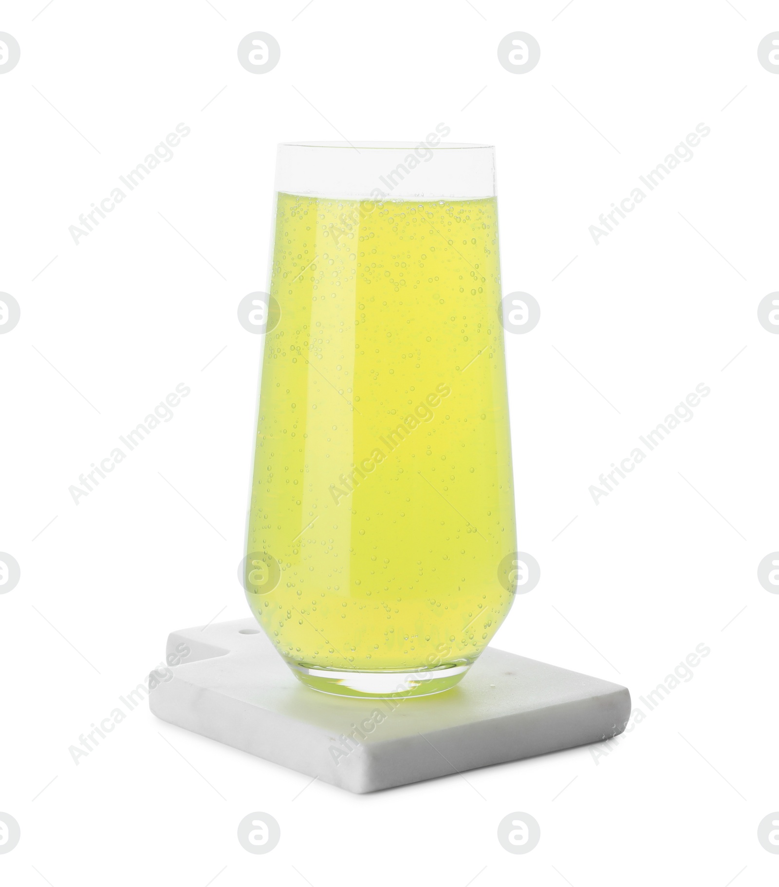 Photo of Glass of refreshing drink and stylish stone cup coaster isolated on white