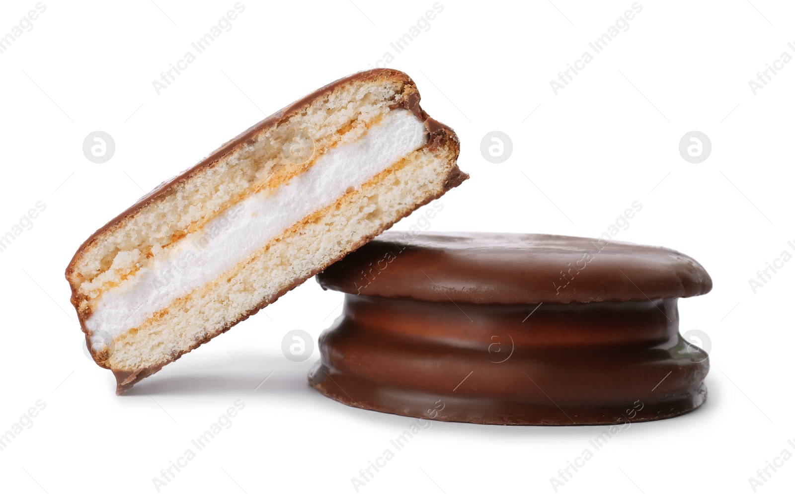 Photo of Delicious choco pies on white background. Classic snack cakes