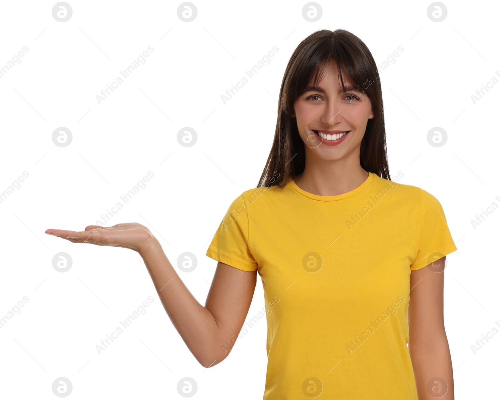 Photo of Special promotion. Happy woman showing something on white background
