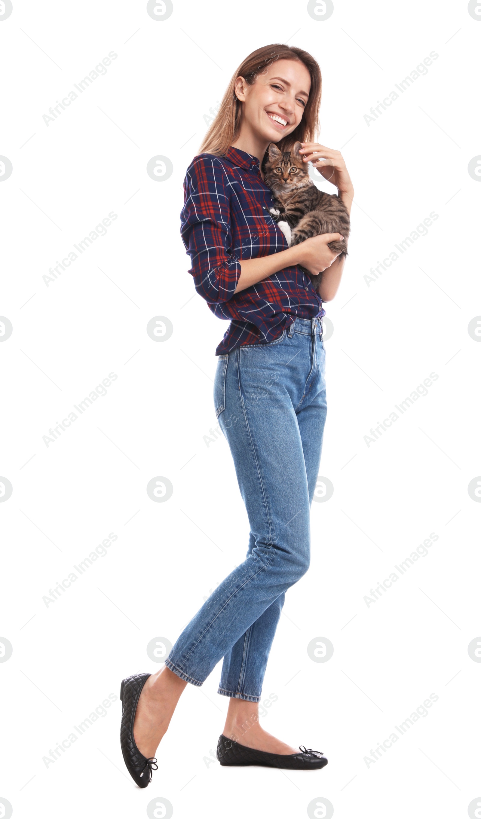 Photo of Young woman with cat on white background. Owner and pet