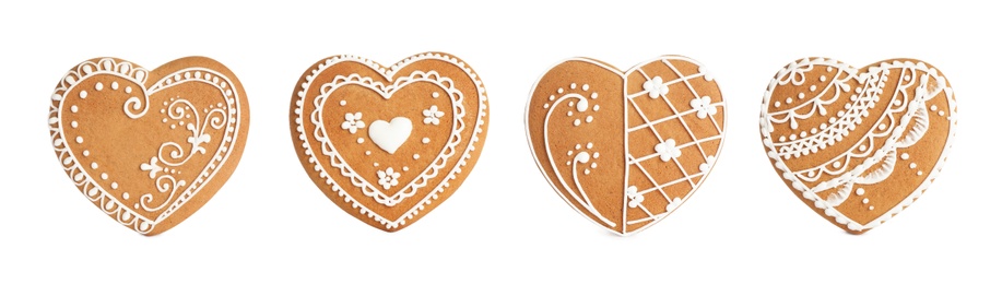 Image of Set of Christmas gingerbread heart shaped cookies on white background. Banner design