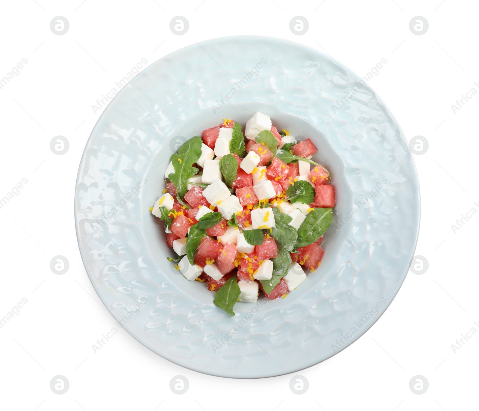 Photo of Delicious salad with watermelon, arugula and feta cheese isolated on white, top view