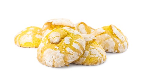 Photo of Tasty homemade lemon cookies on white background