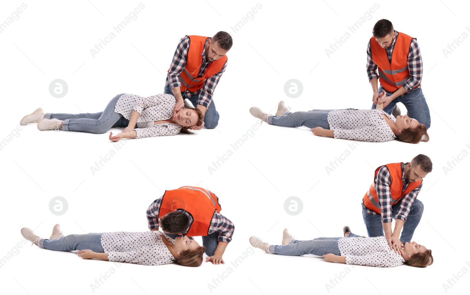 Image of Paramedic performing first aid on unconscious woman against white background, collage 